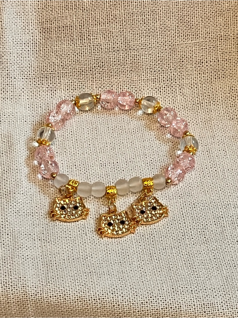 Gold Cat Charm Pink Beaded Stretch Bracelet
